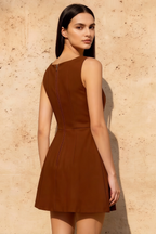 Deborah Chocolate Crepe High Neck Fit Mini Dress | Bridesmaid & Party Dress