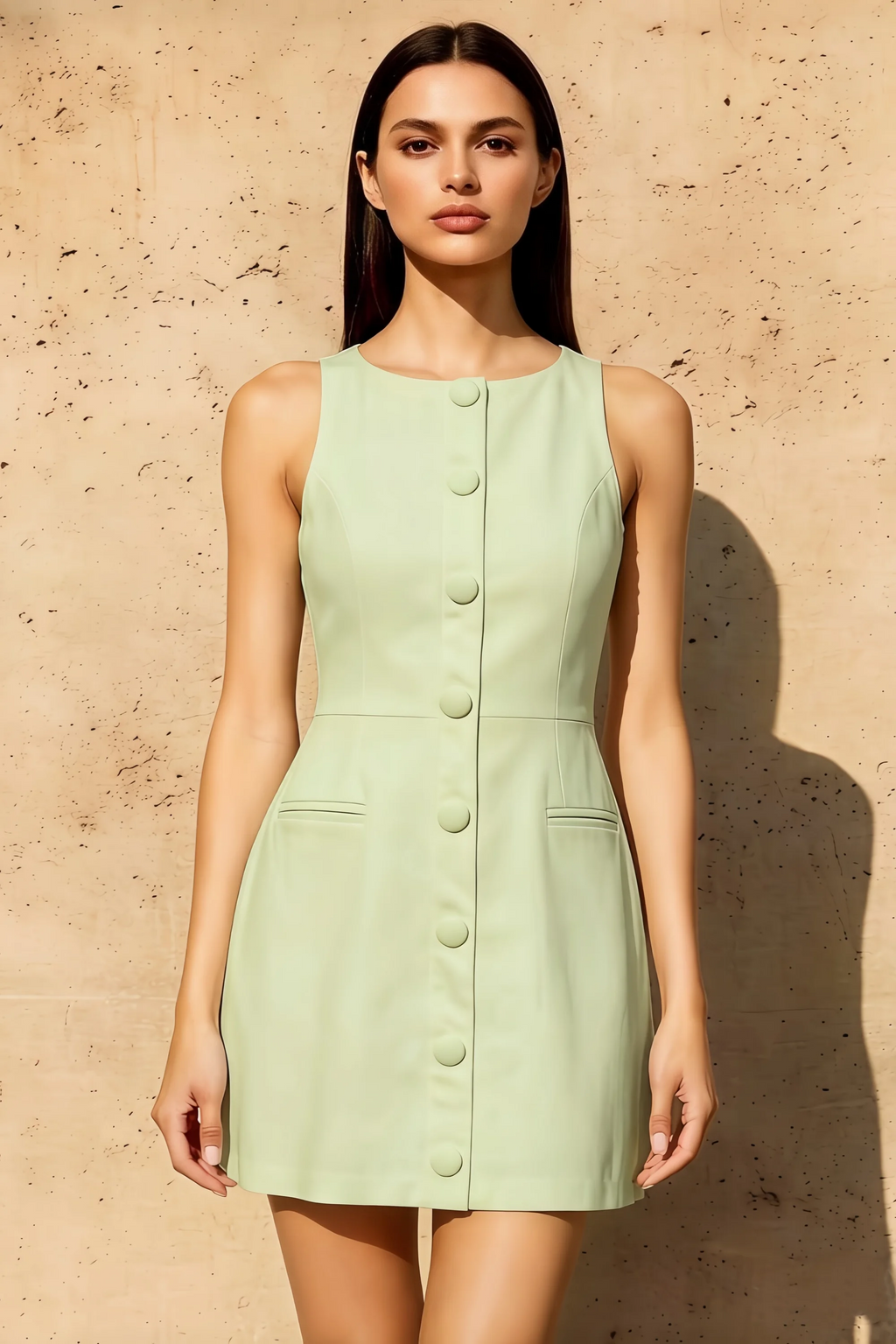 Deborah Sage Green Crepe Fit and Flare Sleeveless Mini Dress