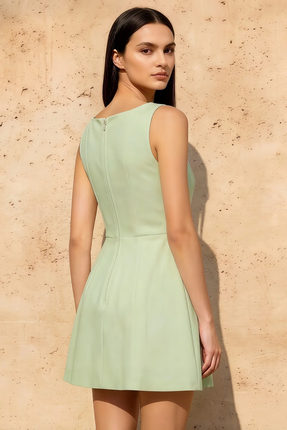 Deborah Sage Green Crepe Fit and Flare Sleeveless Mini Dress