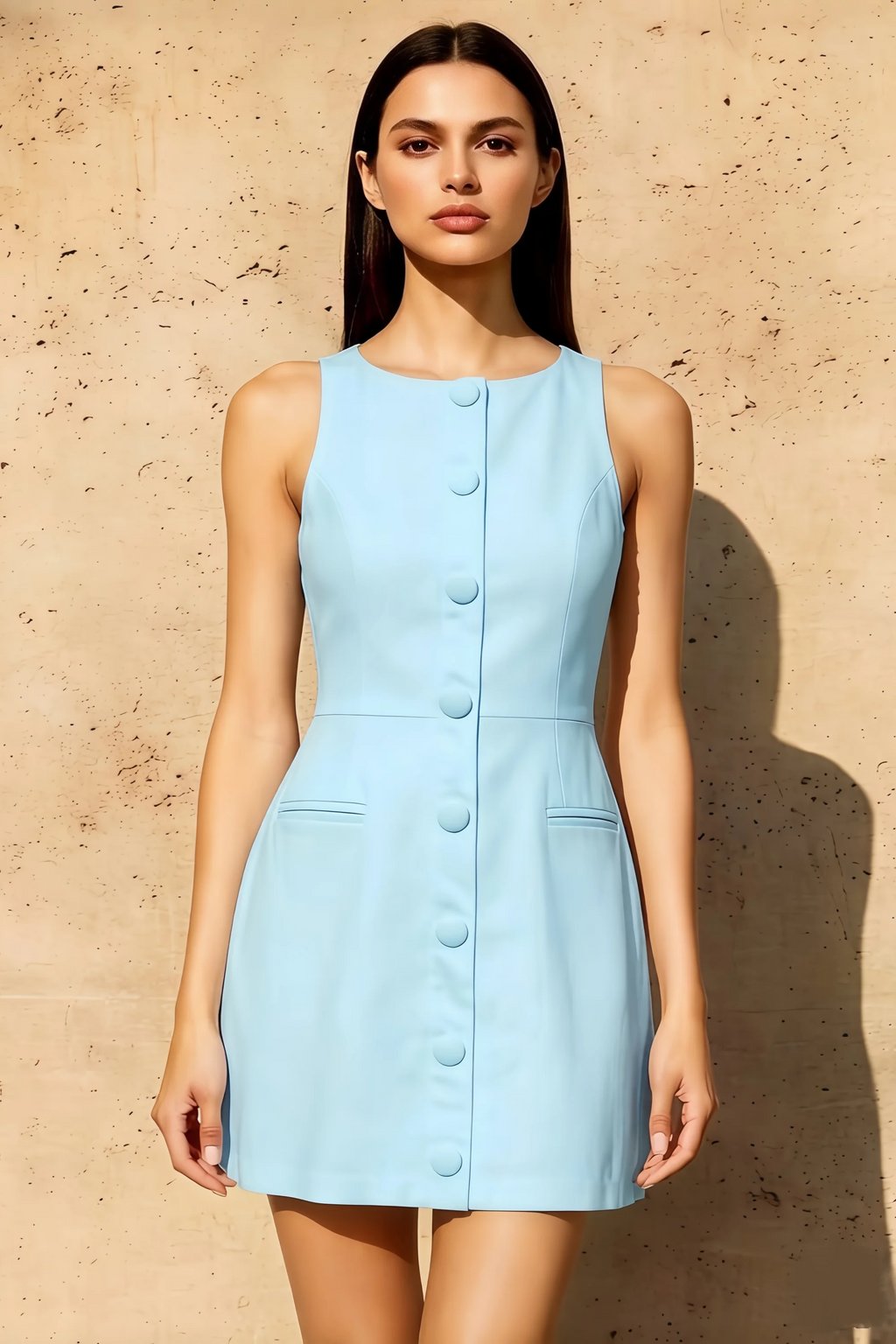 Deborah Sky Blue High Neck Mini Dress with Button | Elegant A-Line Dress for Women