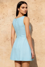 Deborah Sky Blue High Neck Mini Dress with Button | Elegant A-Line Dress for Women
