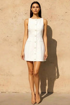 Deborah White Crepe High Neck Sleeveless Mini Dress