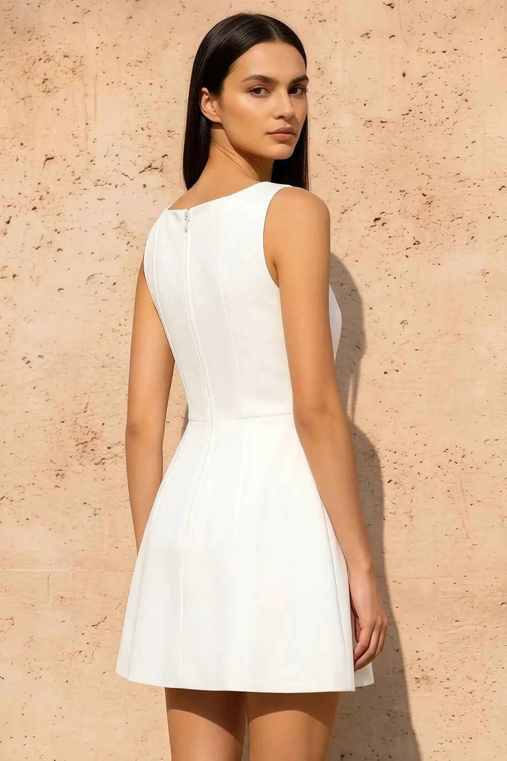 Deborah White Crepe High Neck Sleeveless Mini Dress