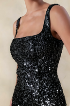 Denise Black Sequin Bodycon Square Neck Mini Dress