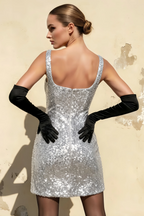 Denise Silver Sequin Bodycon Square Neck Mini Dress