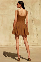 Diana Chocolate Linen A-Line Square Mini Dress | Elegant Formal & Party Dress