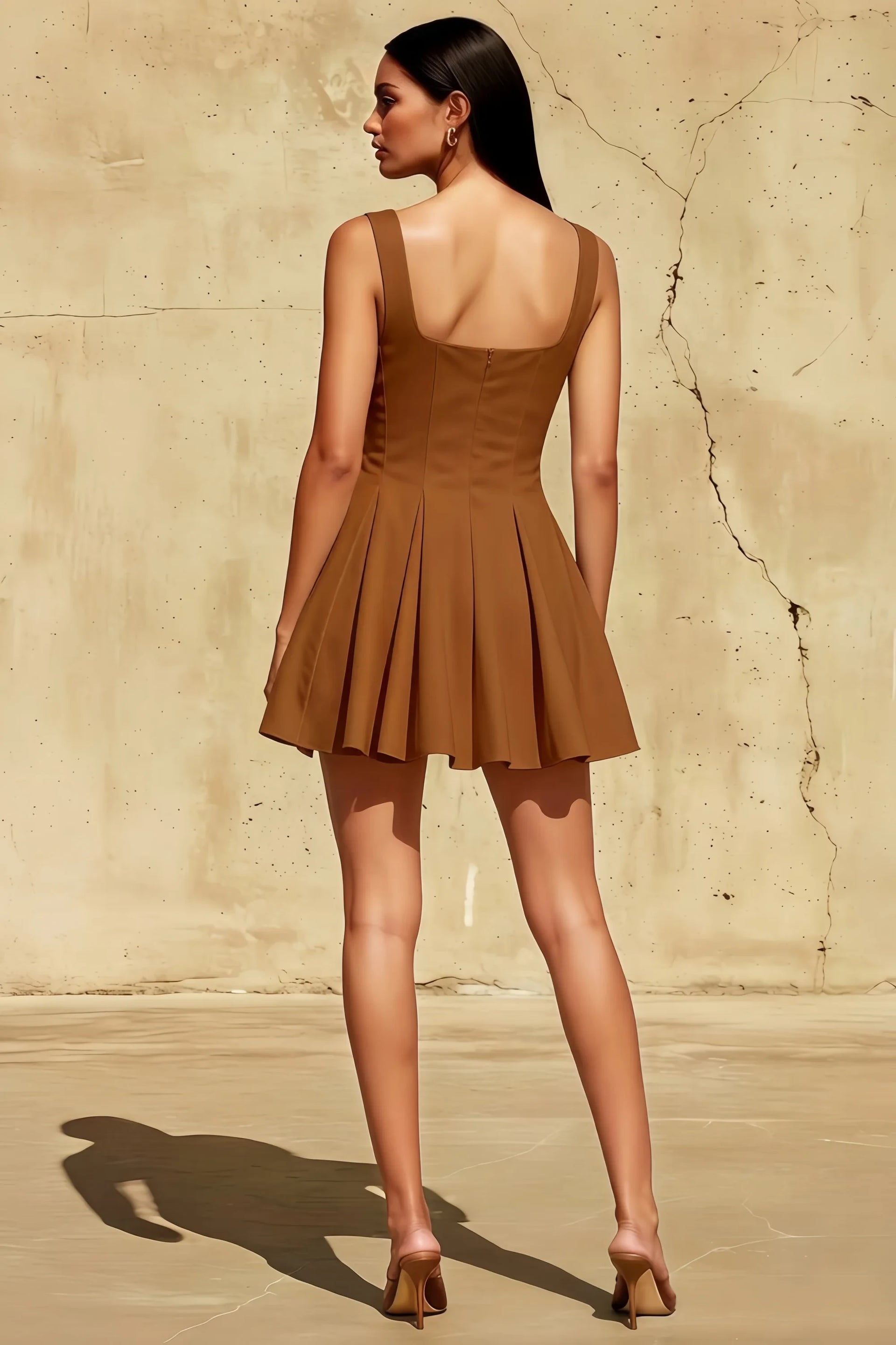 Diana Chocolate Linen A-Line Square Mini Dress | Elegant Formal & Party Dress