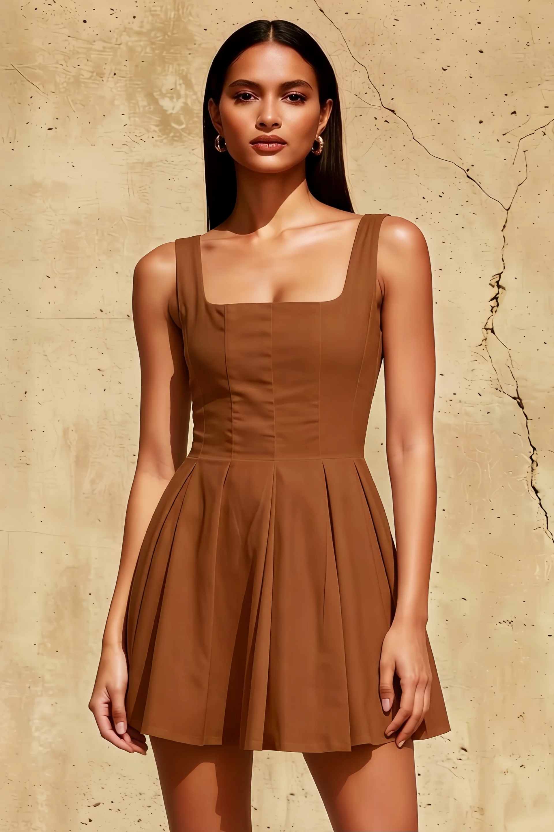 Diana Chocolate Linen A-Line Square Mini Dress | Elegant Formal & Party Dress