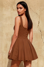 Diana Chocolate Linen A-Line Square Mini Dress | Elegant Formal & Party Dress