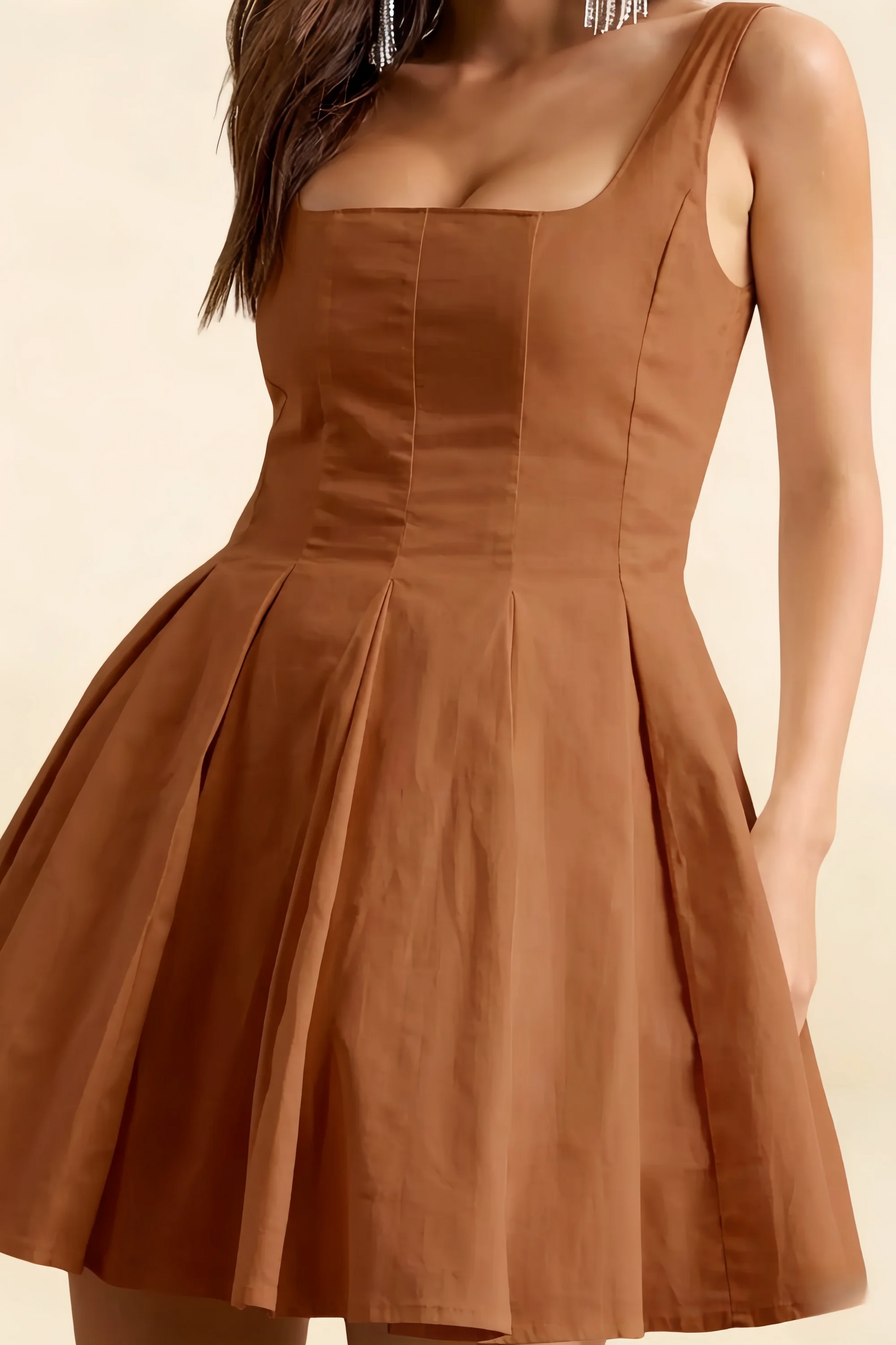Diana Chocolate Linen A-Line Square Mini Dress | Elegant Formal & Party Dress