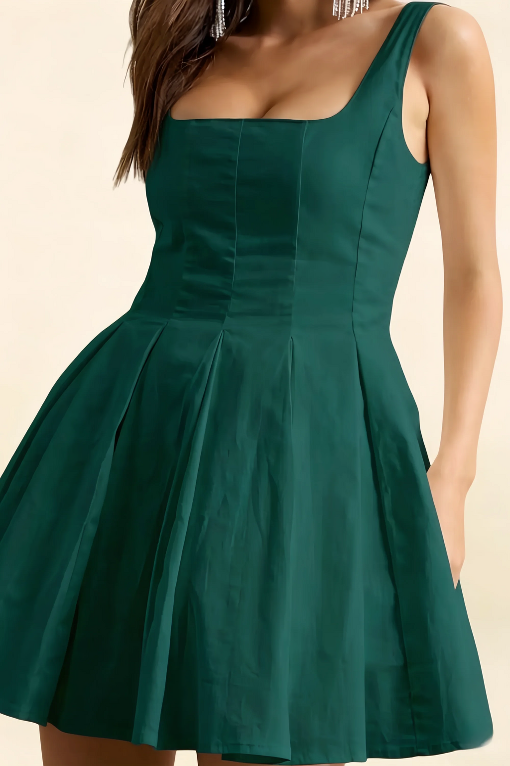 Diana Emerald Green Linen Square Neck Skater Mini Dress