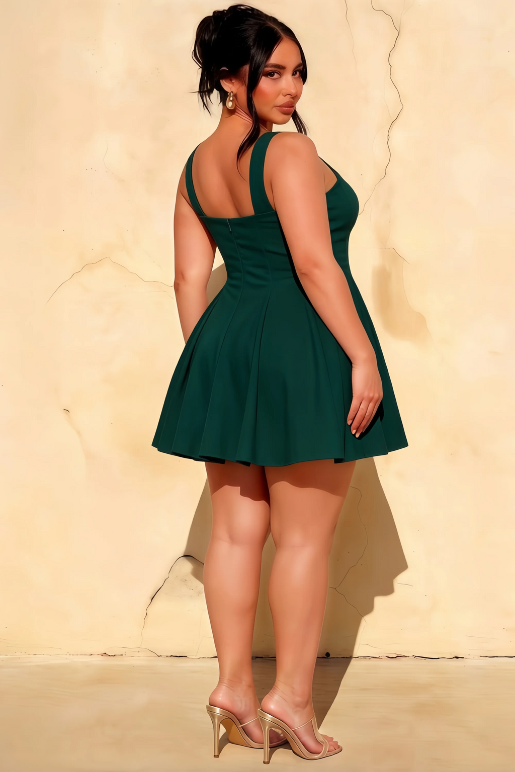 Diana Emerald Green Linen Square Neck Skater Mini Dress