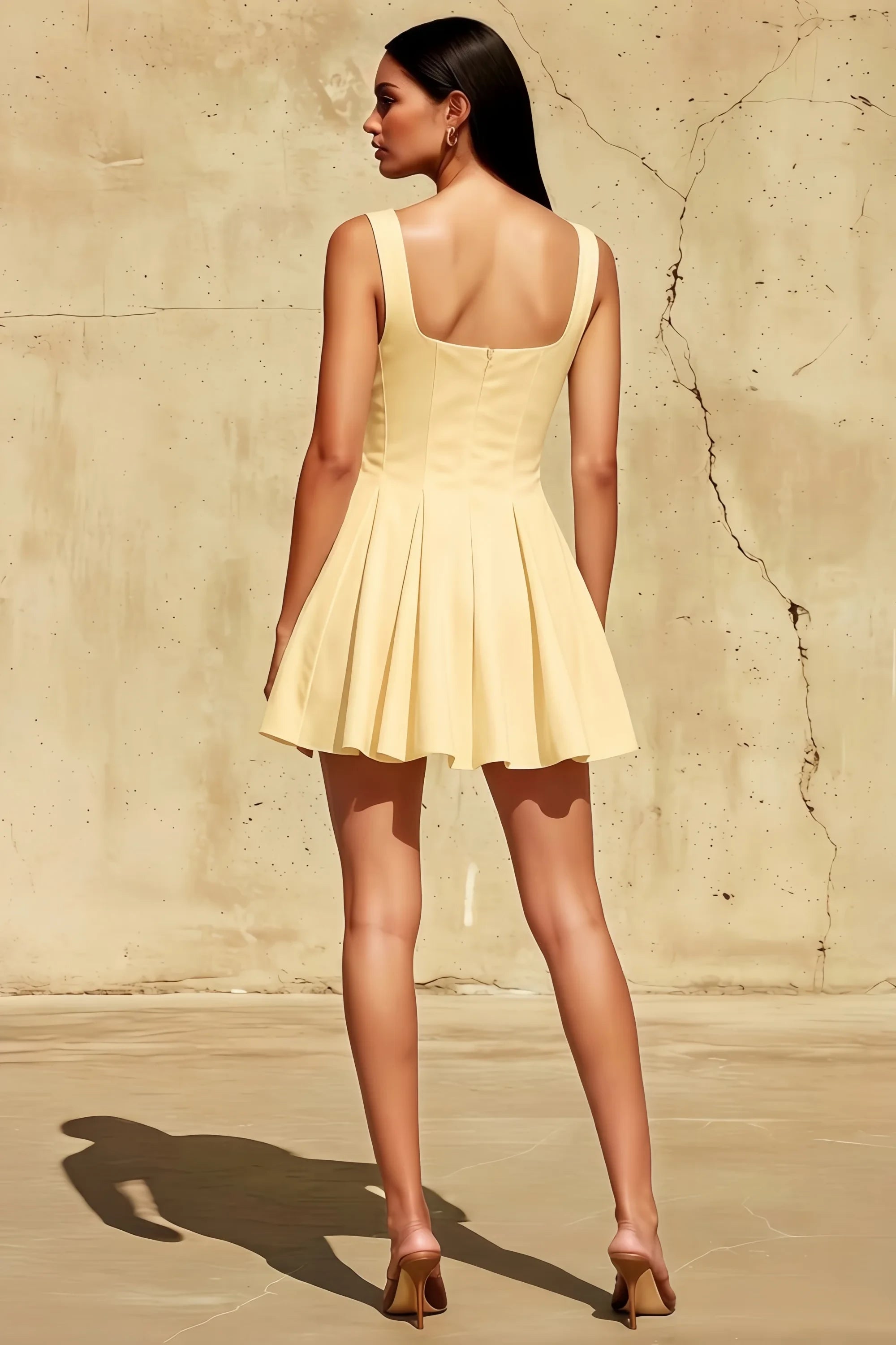 Diana Lemon Linen Square Neck Skater Mini Dress Imagen secundaria del producto