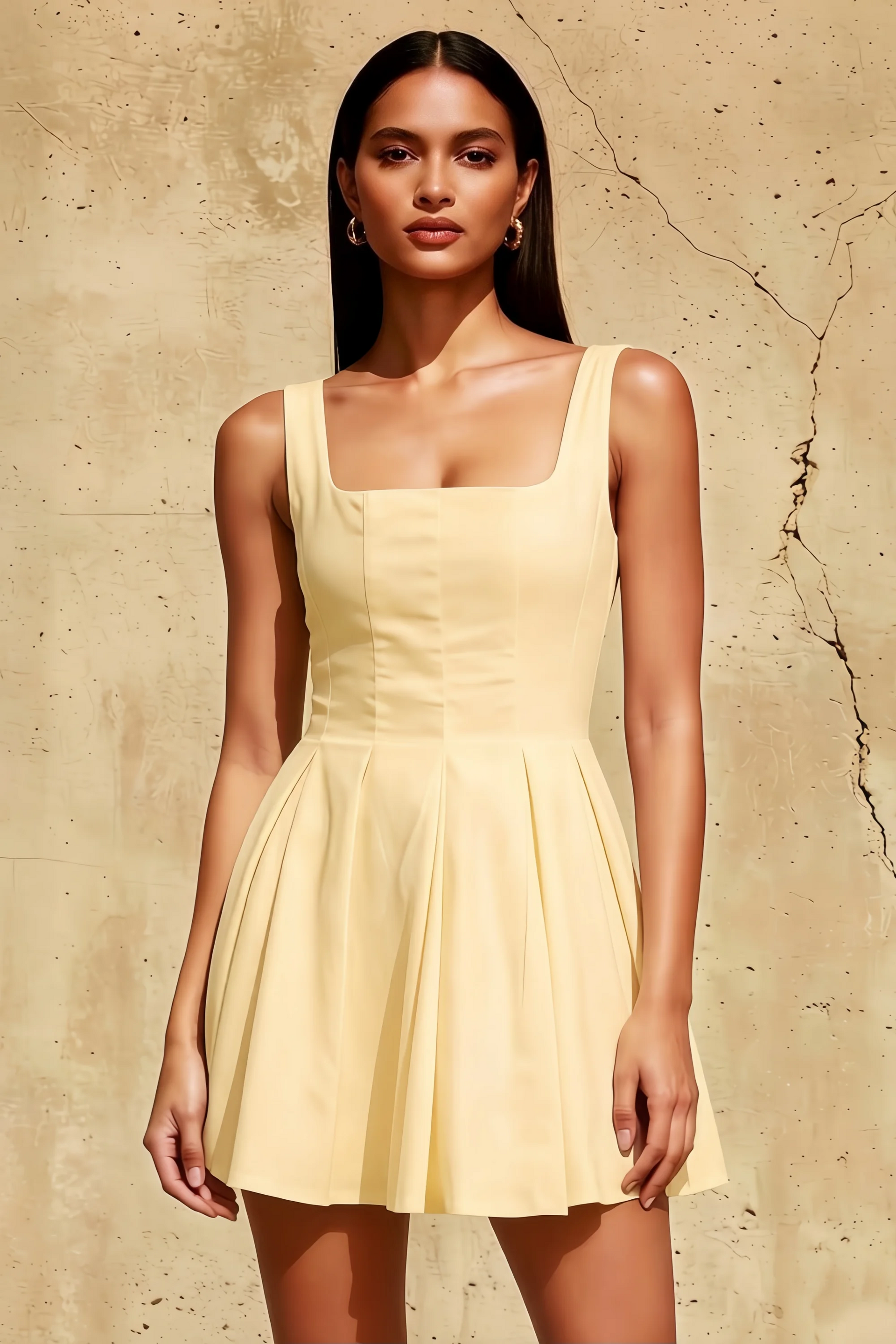 Diana Lemon Linen Square Neck Skater Mini Dress