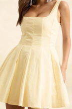 Diana Lemon Linen Square Neck Skater Mini Dress
