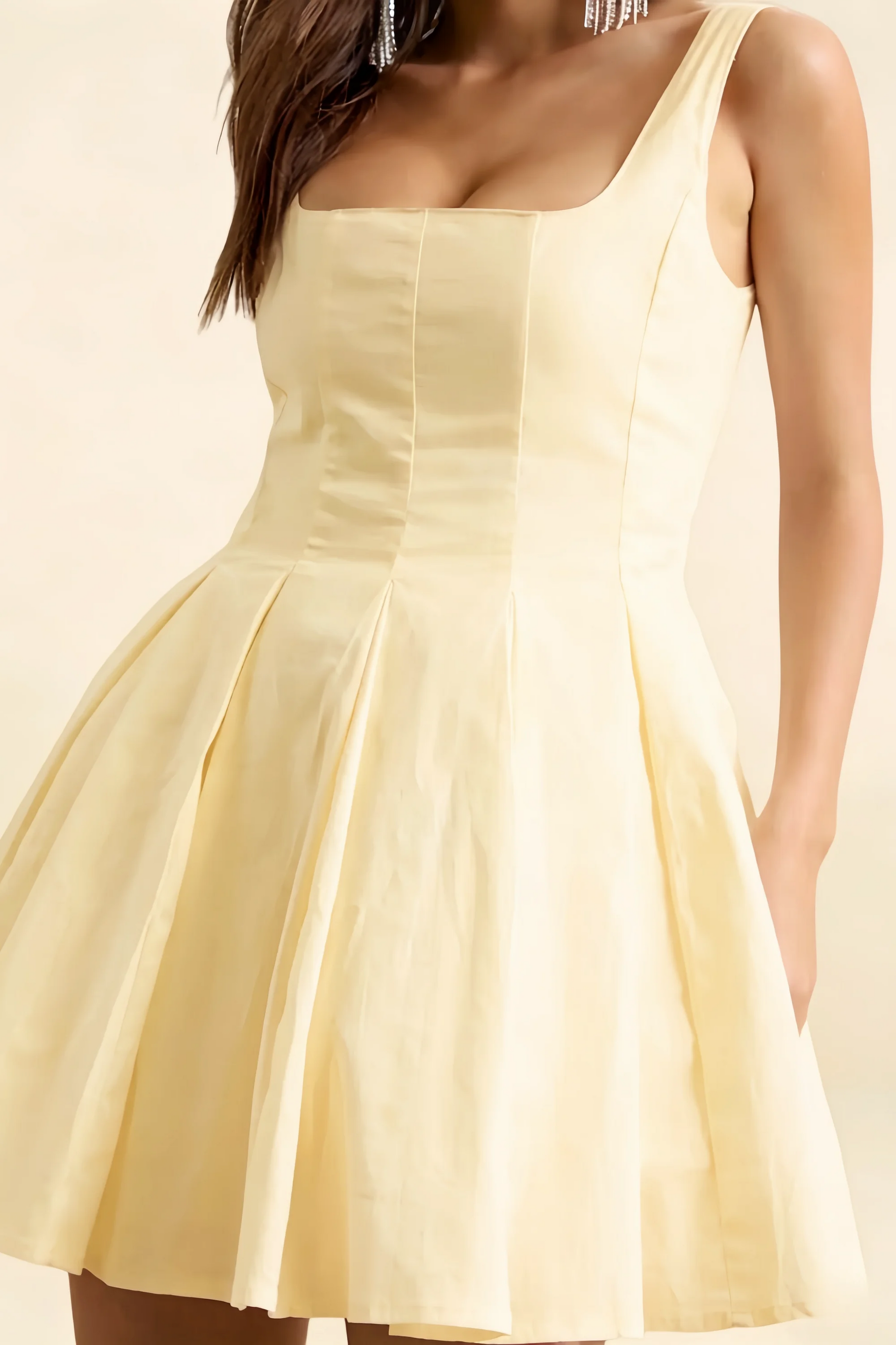 Diana Lemon Linen Square Neck Skater Mini Dress