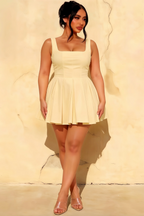 Diana Lemon Linen Square Neck Skater Mini Dress