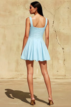 Diana Light Blue Linen Square Neck Skater Mini Dress