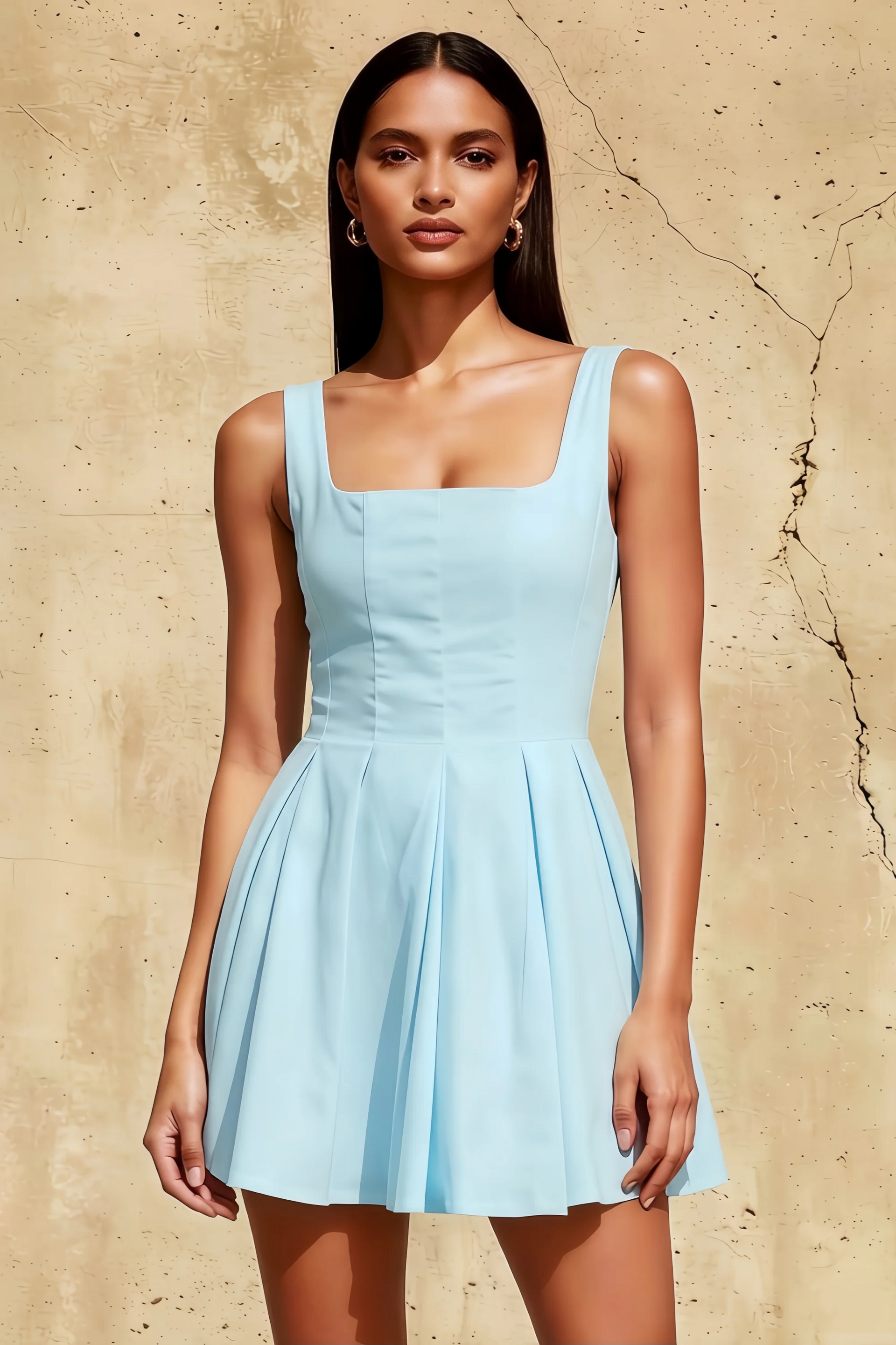Diana Light Blue Linen Square Neck Skater Mini Dress