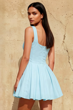 Diana Light Blue Linen Square Neck Skater Mini Dress