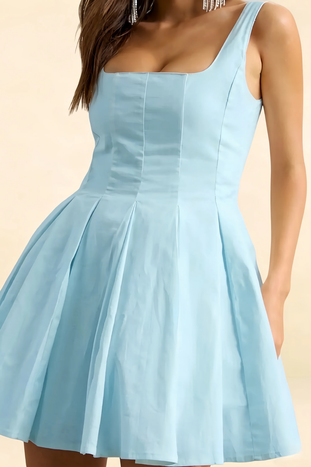 Diana Light Blue Linen Square Neck Skater Mini Dress