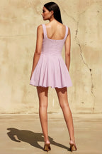 Diana Lilac Linen Square Neck Skater Mini Dress for Women