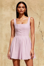 Diana Lilac Linen Square Neck Skater Mini Dress for Women