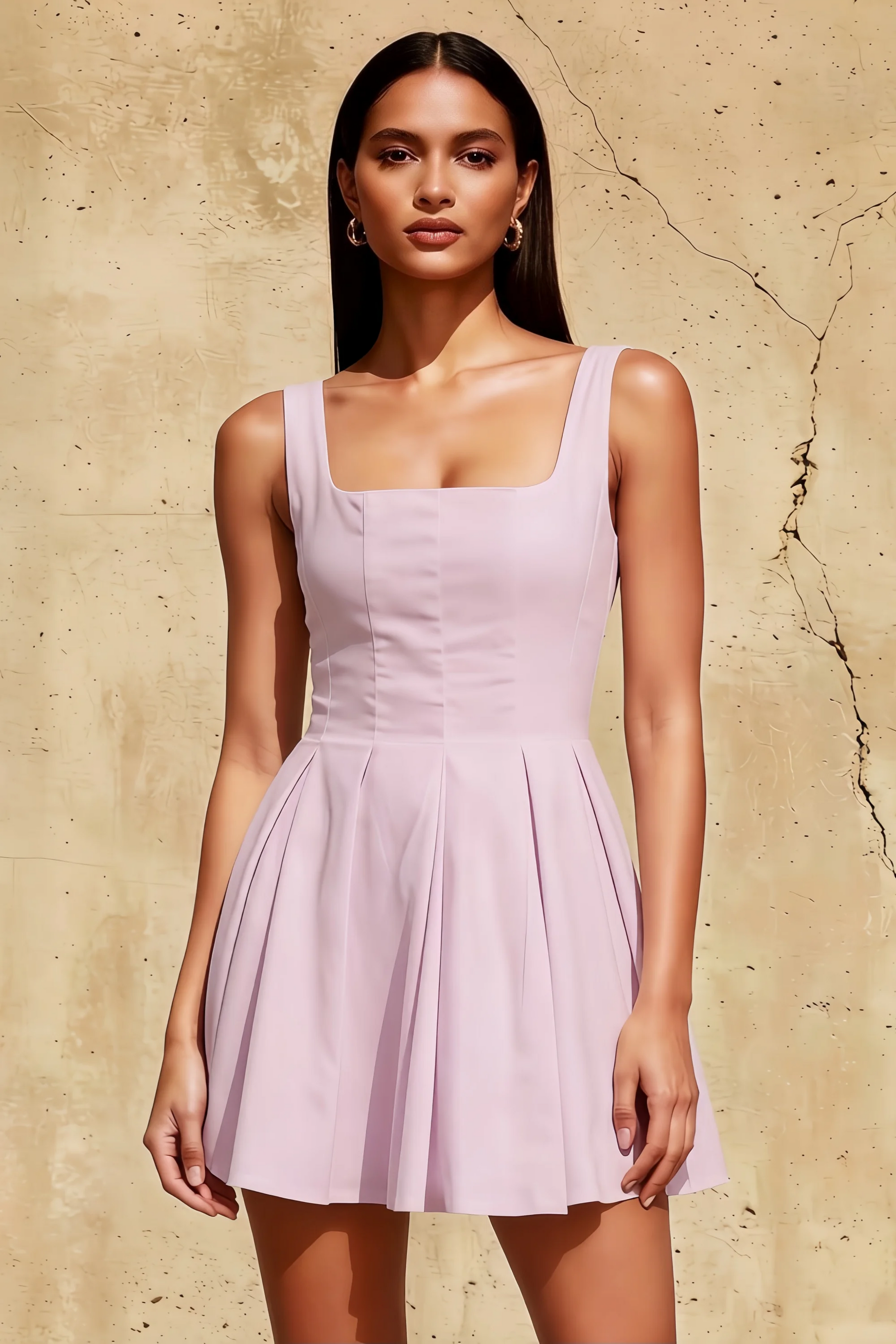 Diana Lilac Linen Square Neck Skater Mini Dress for Women