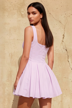 Diana Lilac Linen Square Neck Skater Mini Dress for Women