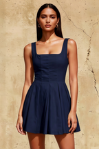 Diana Navy Linen Square Neck Skater Mini Dress