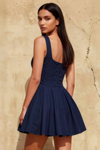 Diana Navy Linen Square Neck Skater Mini Dress