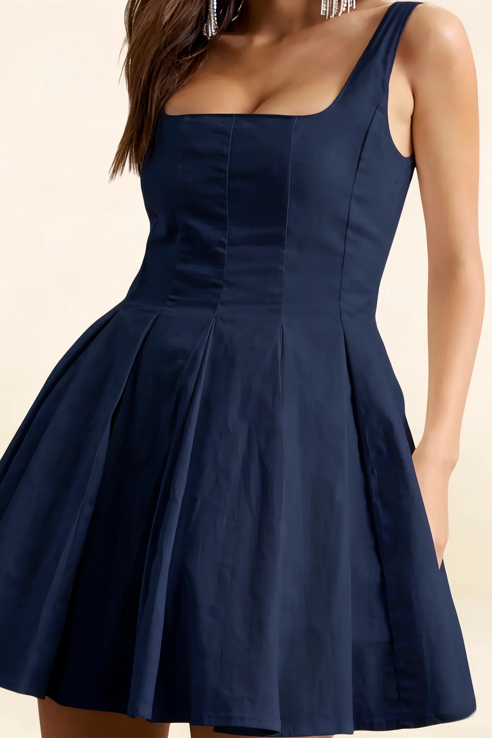 Diana Navy Linen Square Neck Skater Mini Dress