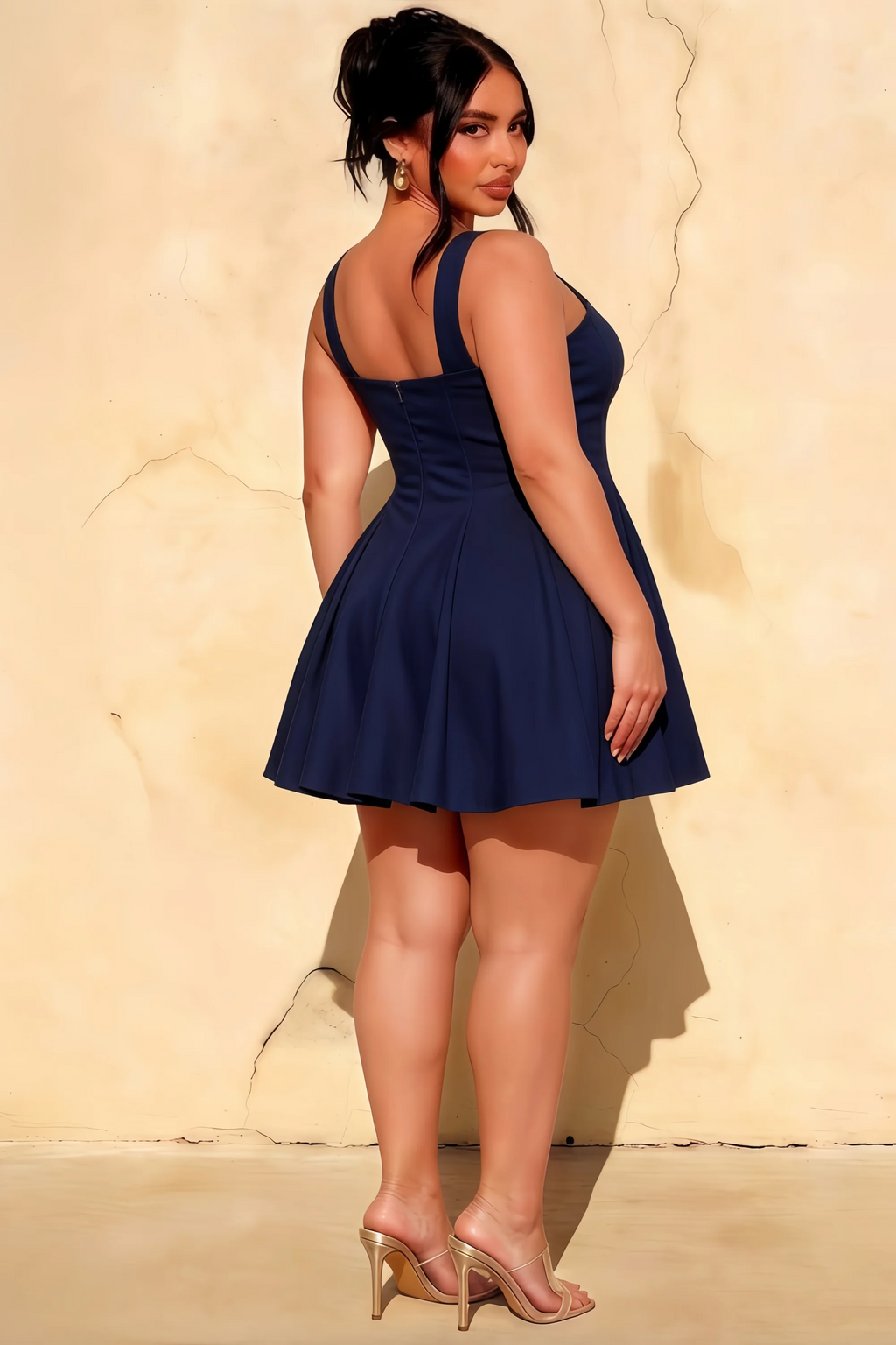 Diana Navy Linen Square Neck Skater Mini Dress