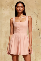 Diana Pink Linen Square Neck Skater Mini Dress for Women