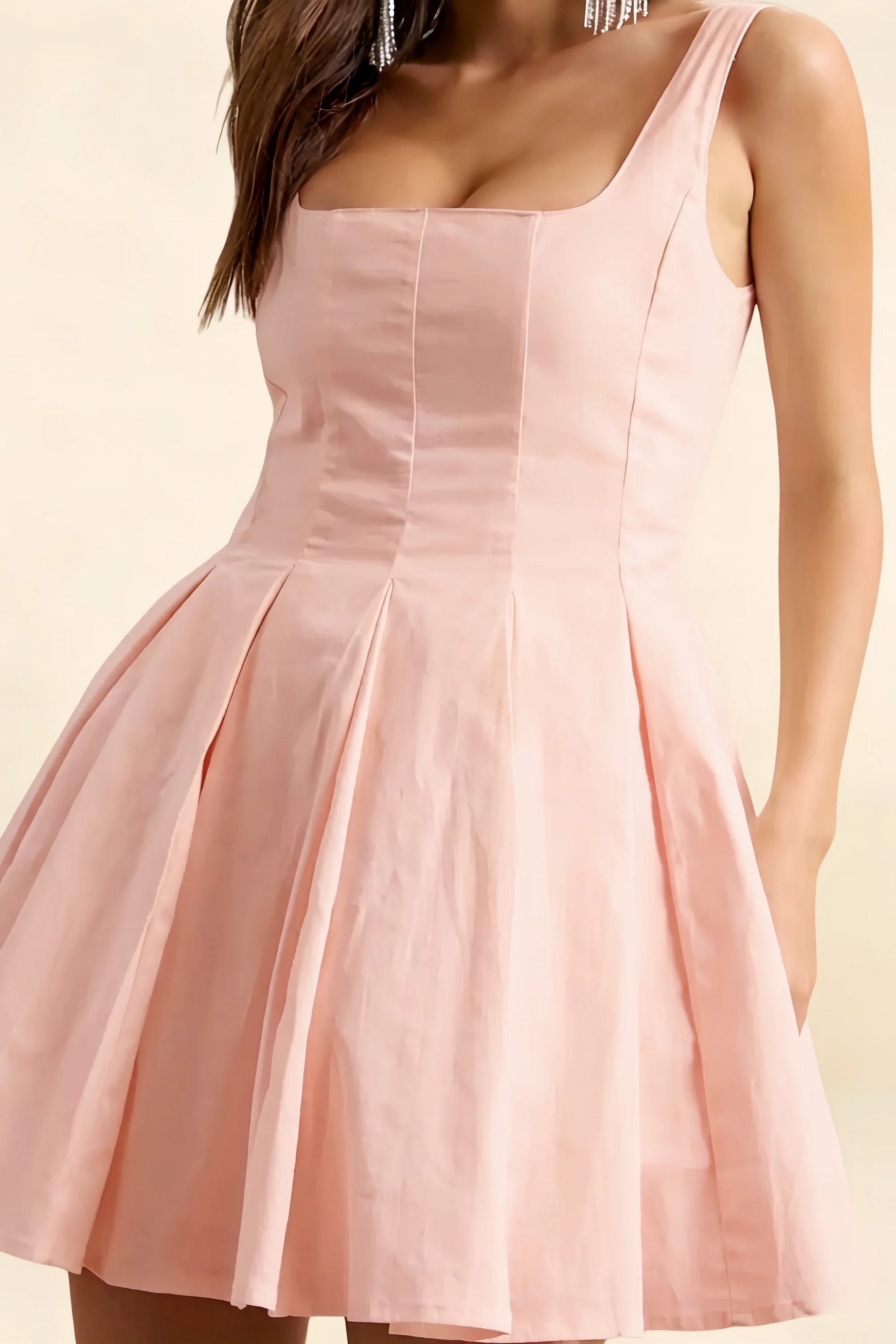 Diana Pink Linen Square Neck Skater Mini Dress for Women