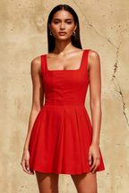 Diana Red Linen Square Neck Skater Mini Dress