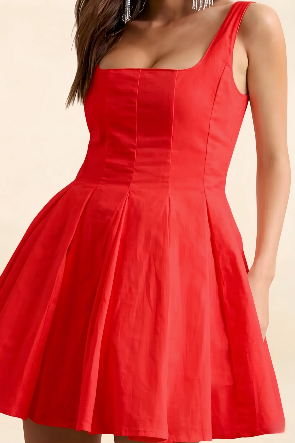 Diana Red Linen Square Neck Skater Mini Dress