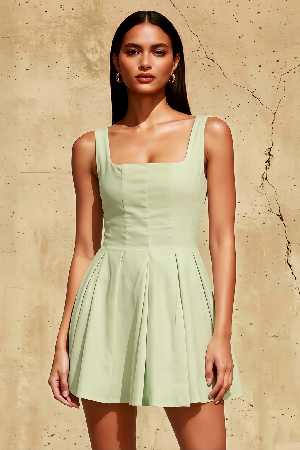 Diana Sage Green Linen Square Neck Skater Mini Dress