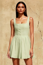 Diana Sage Green Linen Square Neck Skater Mini Dress