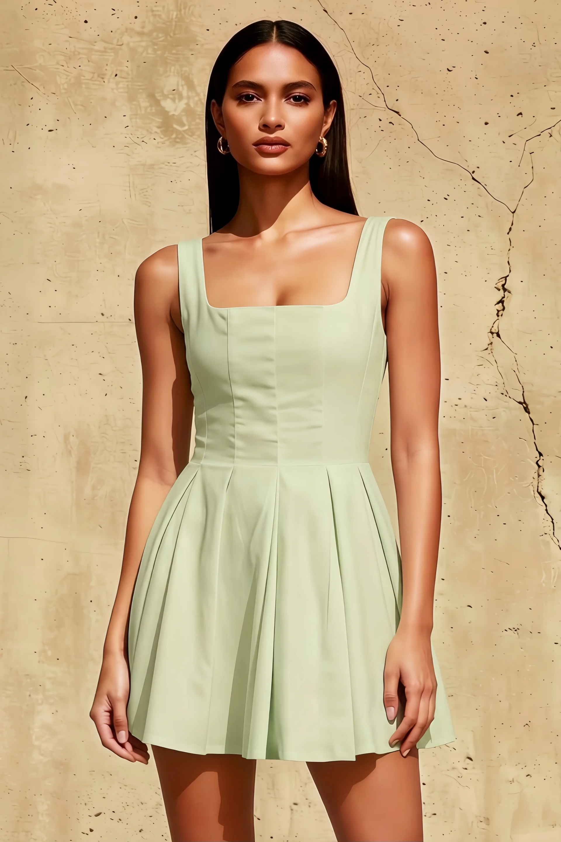 Diana Sage Green Linen Square Neck Skater Mini Dress