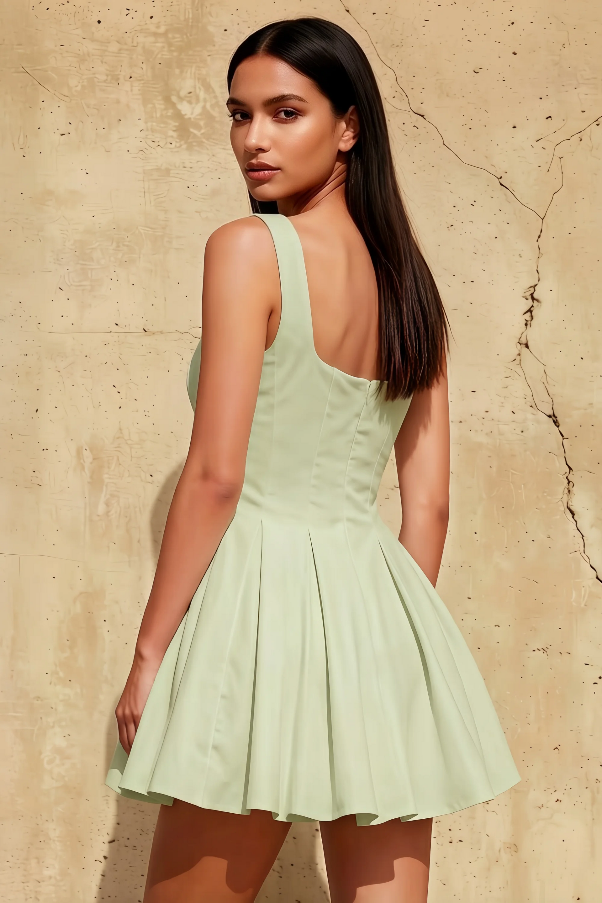 Diana Sage Green Linen Square Neck Skater Mini Dress