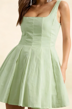 Diana Sage Green Linen Square Neck Skater Mini Dress