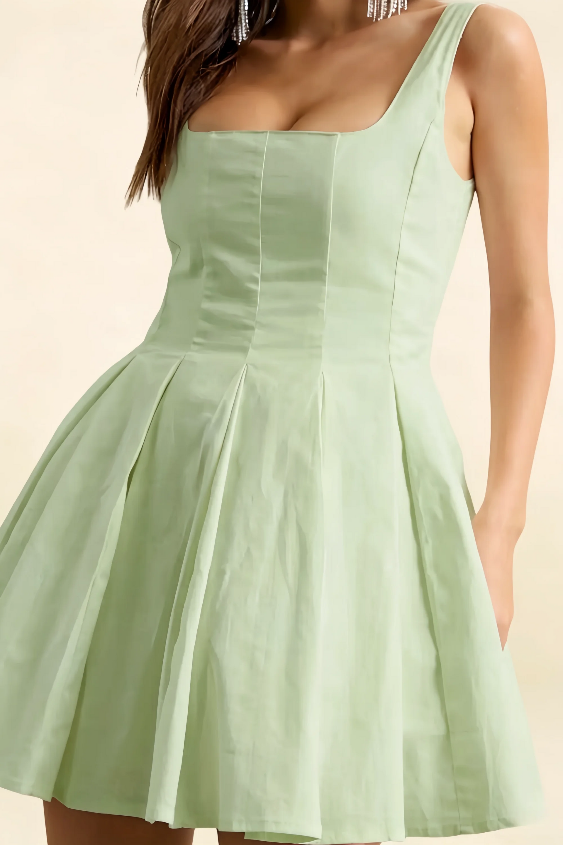 Diana Sage Green Linen Square Neck Skater Mini Dress