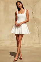 Diana White Linen Square Neck Skater Mini Dress | Elegant Homecoming & Graduation Dress