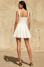 Diana White Linen Square Neck Skater Mini Dress | Elegant Homecoming & Graduation Dress