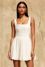 Diana White Linen Square Neck Skater Mini Dress | Elegant Homecoming & Graduation Dress