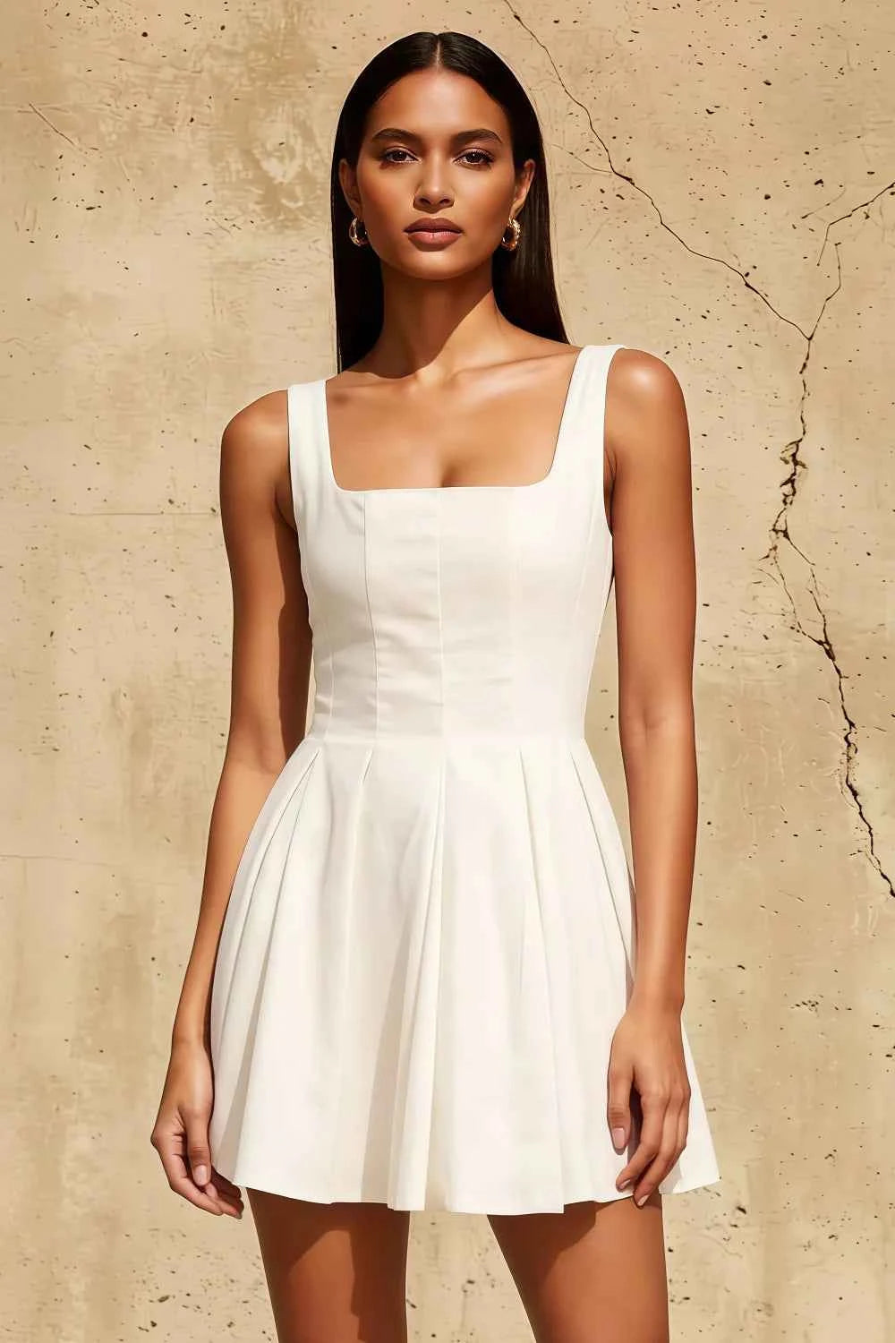 Diana White Linen Square Neck Skater Mini Dress | Elegant Homecoming & Graduation Dress