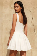 Diana White Linen Square Neck Skater Mini Dress | Elegant Homecoming & Graduation Dress
