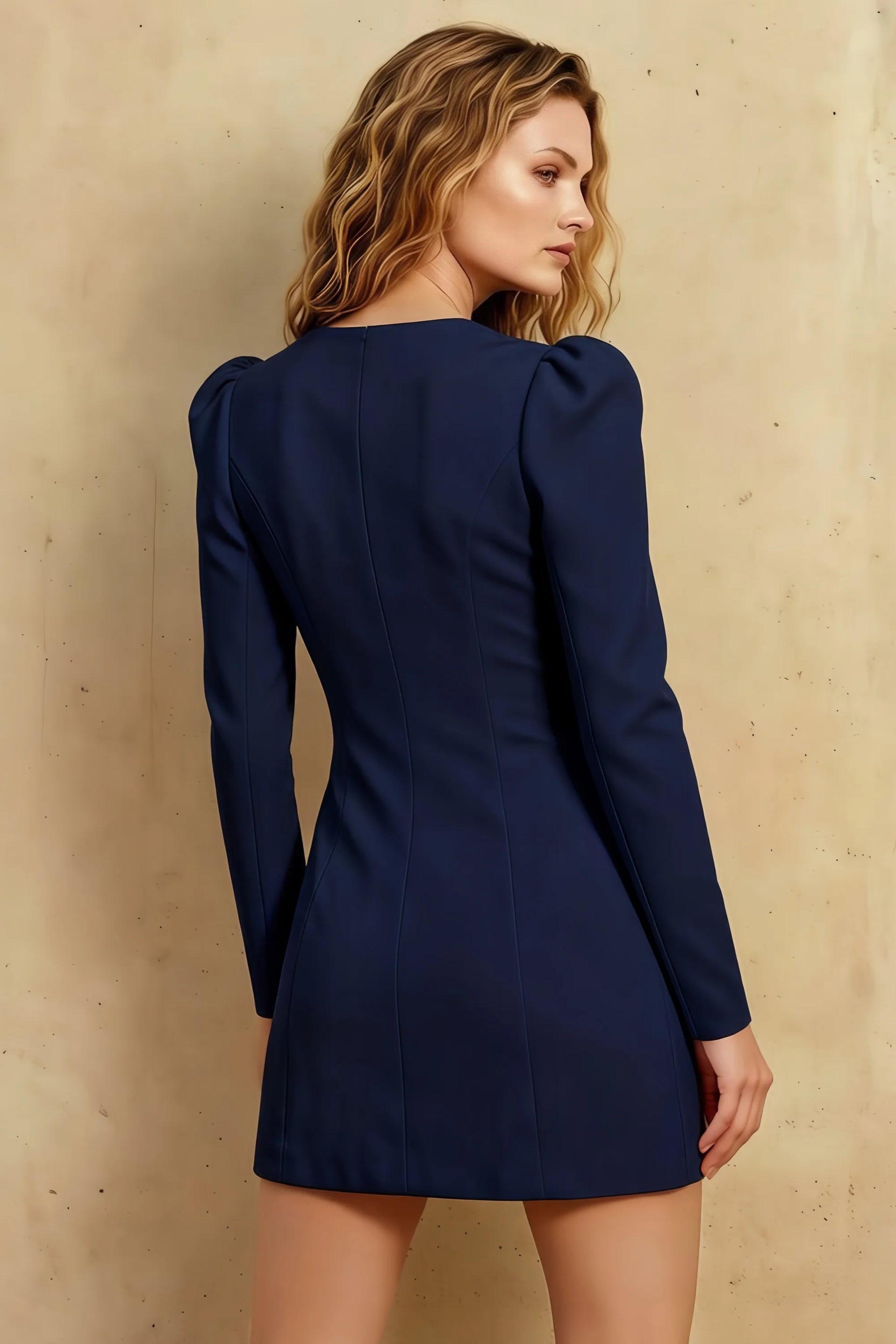 Diane Navy Long Sleeve Modest Mini Dress with Pocket