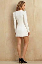 Diane White Modest Sweetheart Neck Mini Dress with Sleeves
